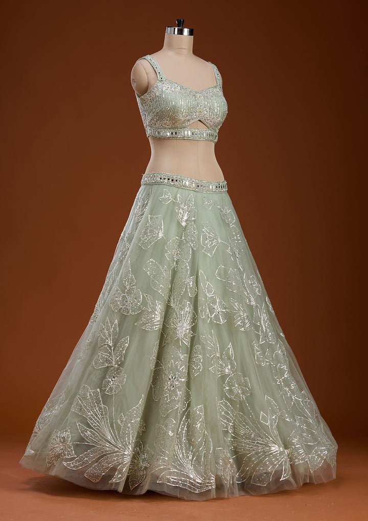 Pista Green Cutdana Net Readymade Lehenga