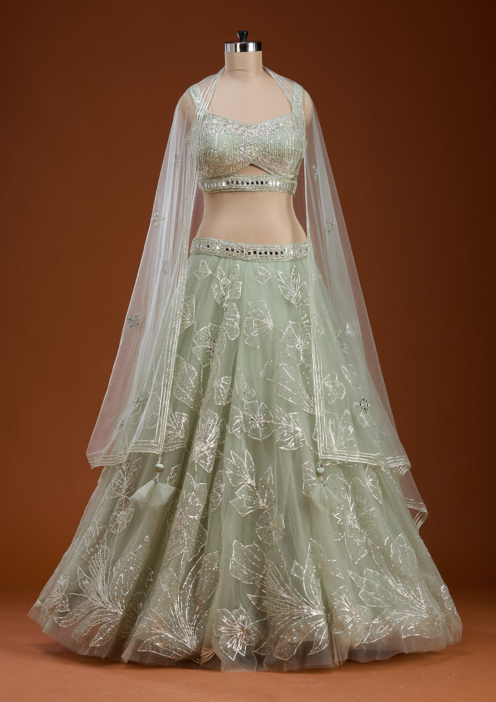 Pista Green Cutdana Net Readymade Lehenga