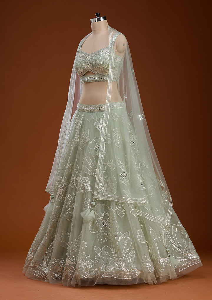 Pista Green Cutdana Net Readymade Lehenga