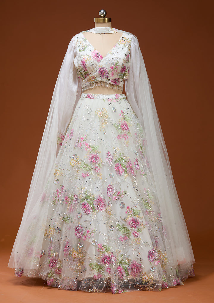 Off White Applique Imported Fabric Readymade Lehenga