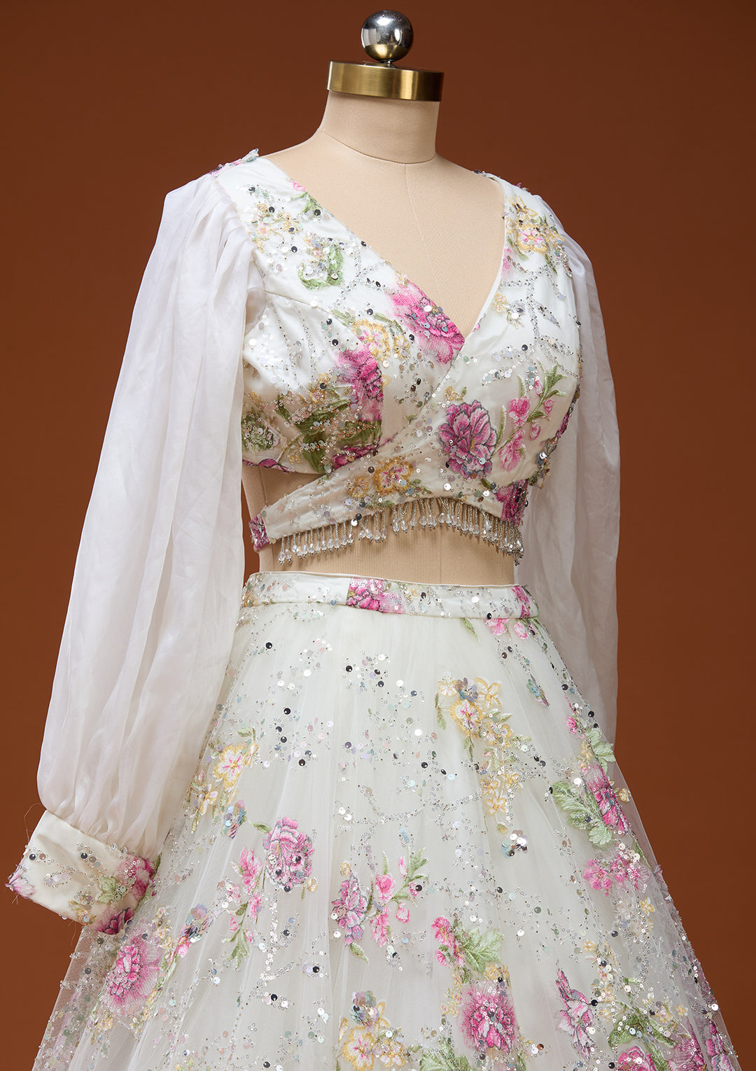 Off White Applique Imported Fabric Readymade Lehenga