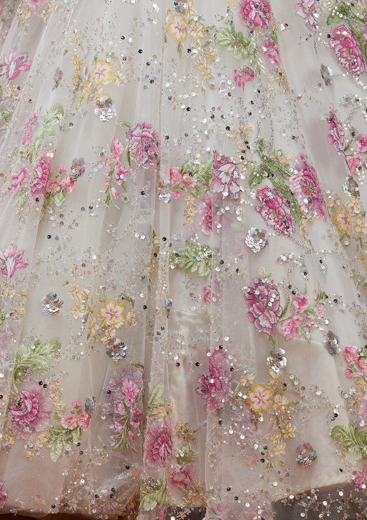 Off White Applique Imported Fabric Readymade Lehenga