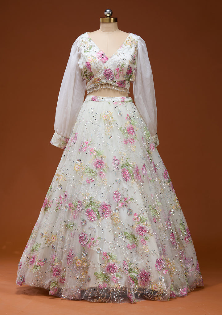 Off White Applique Imported Fabric Readymade Lehenga