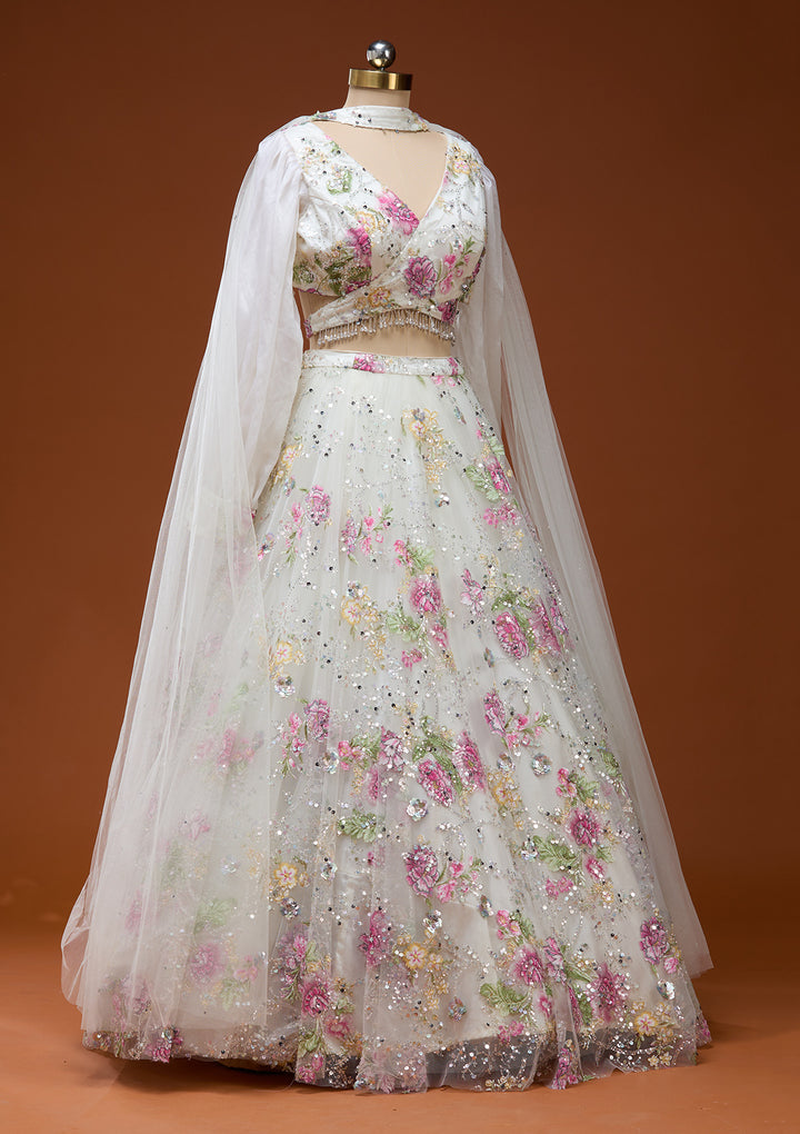 Off White Applique Imported Fabric Readymade Lehenga