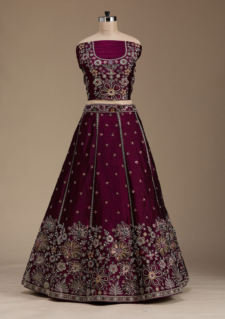 Wine Zariwork Satin Semi-Stitched Lehenga