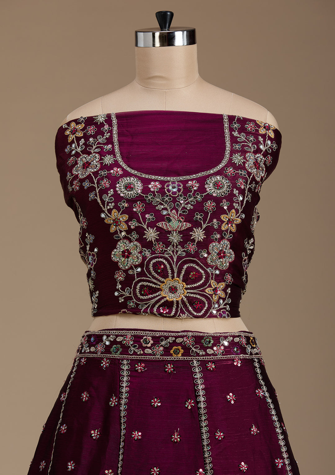 Wine Zariwork Satin Semi-Stitched Lehenga