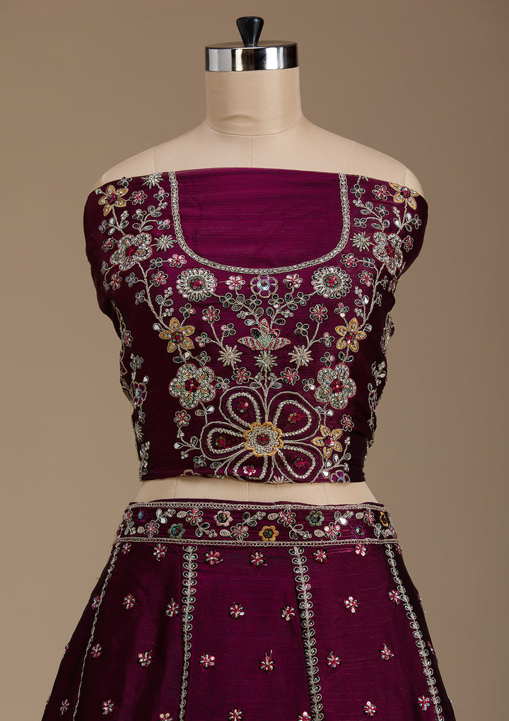 Wine Zariwork Satin Semi-Stitched Lehenga