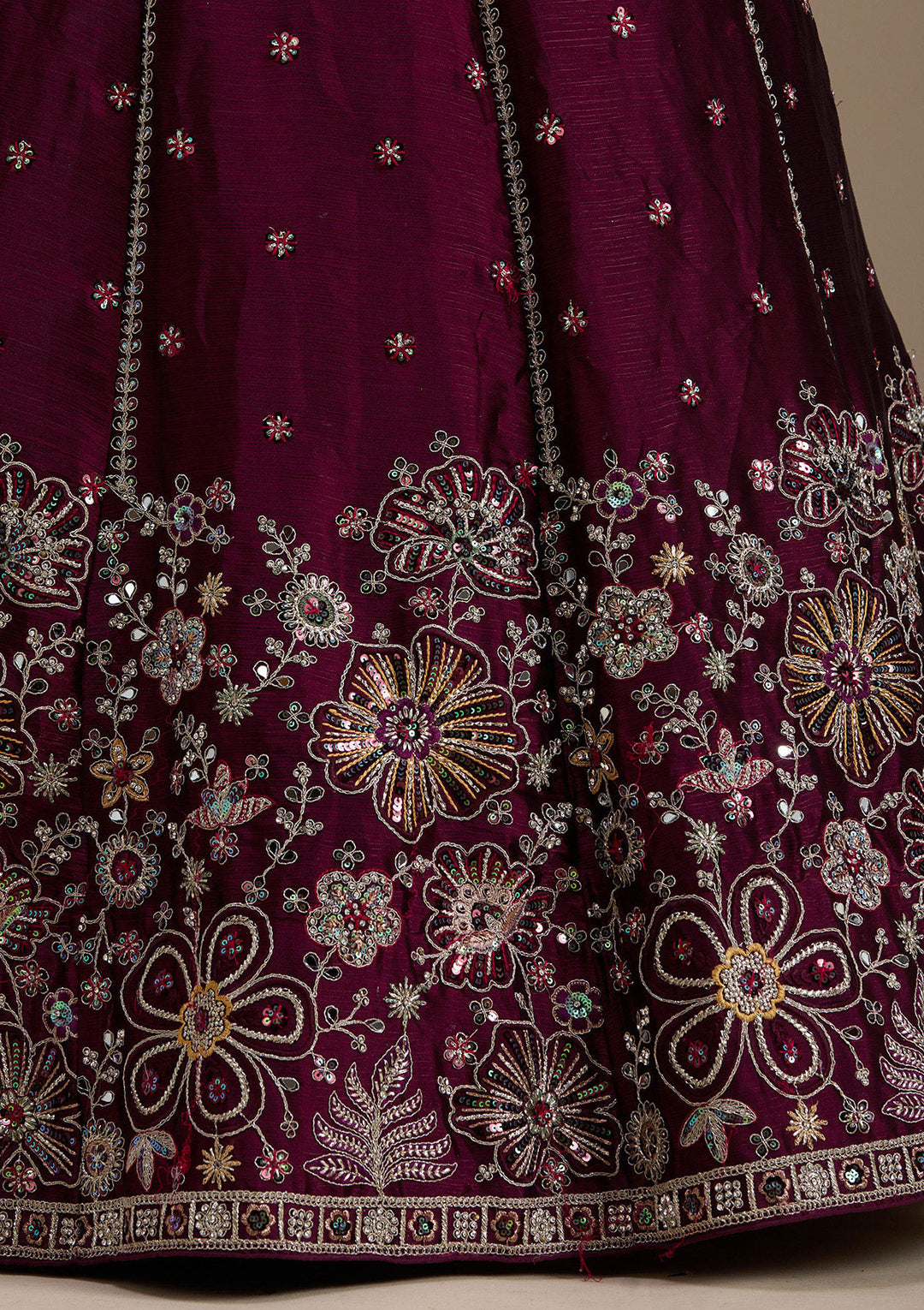 Wine Zariwork Satin Semi-Stitched Lehenga