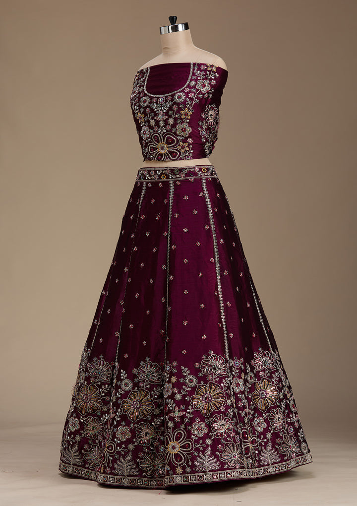 Wine Zariwork Satin Semi-Stitched Lehenga