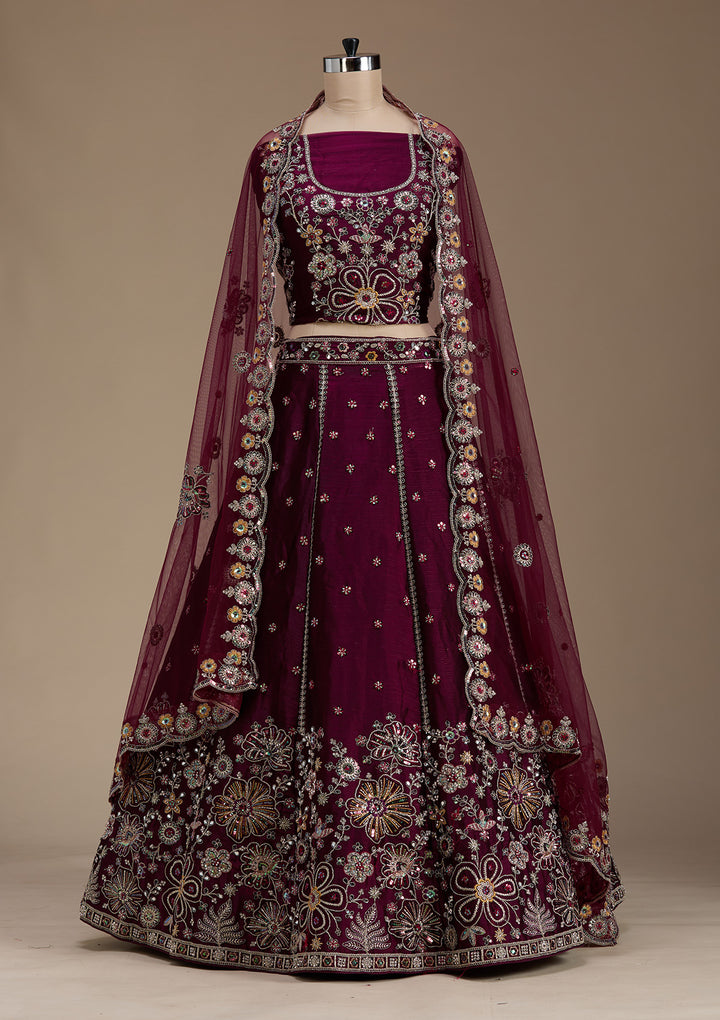 Wine Zariwork Satin Semi-Stitched Lehenga