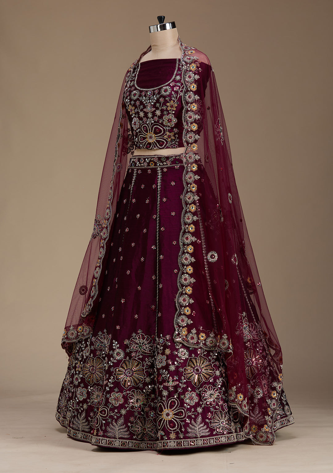 Wine Zariwork Satin Semi-Stitched Lehenga