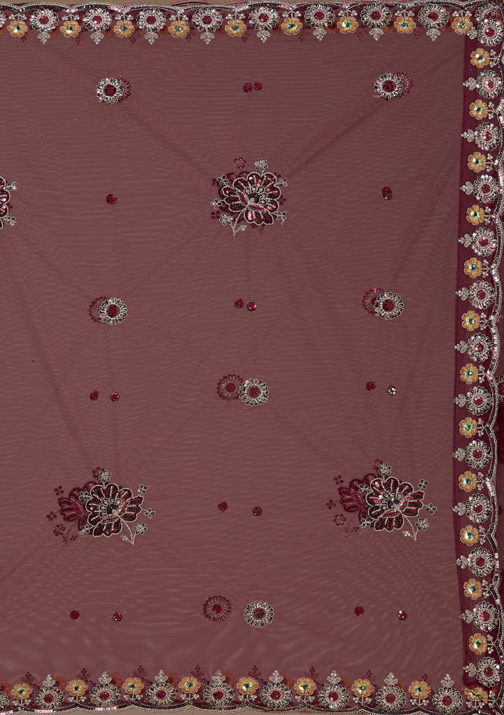 Wine Zariwork Satin Semi-Stitched Lehenga