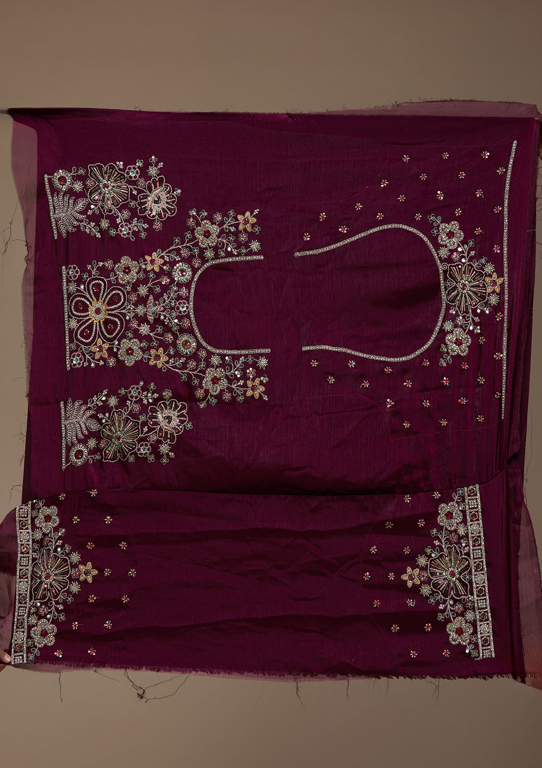 Wine Zariwork Satin Semi-Stitched Lehenga