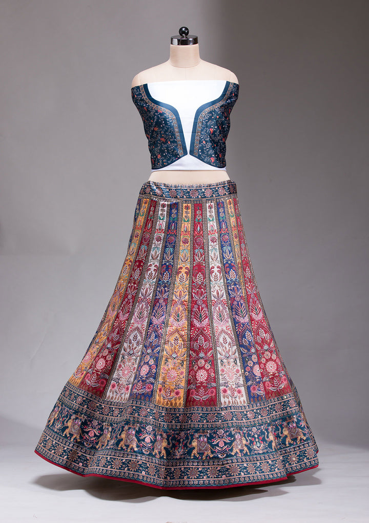 Navy Blue Swarovski Raw Silk Semi-stitched Lehenga