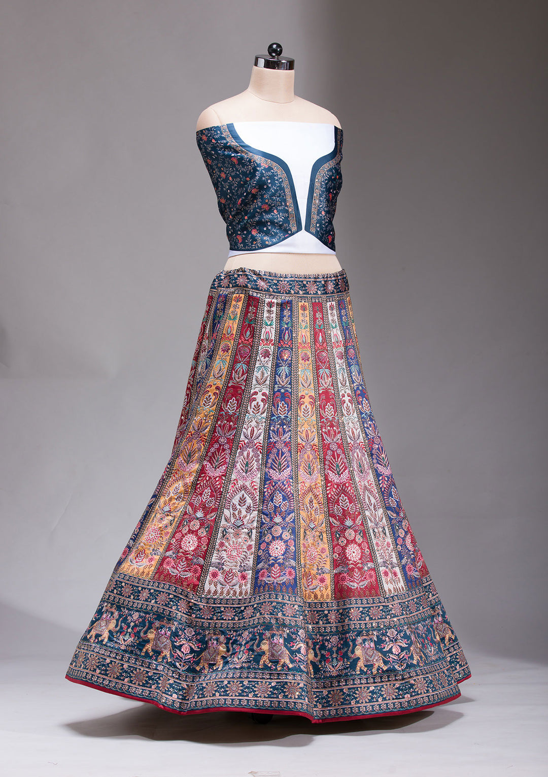 Navy Blue Swarovski Raw Silk Semi-stitched Lehenga