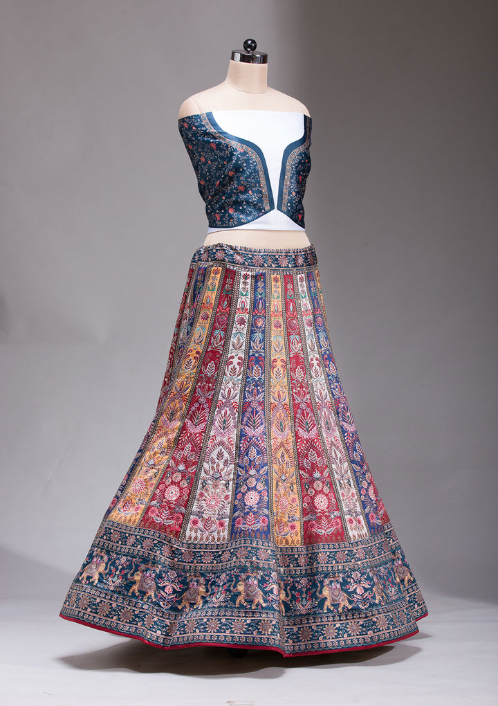 Navy Blue Swarovski Raw Silk Semi-stitched Lehenga