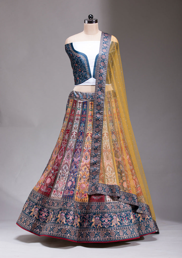 Navy Blue Swarovski Raw Silk Semi-stitched Lehenga