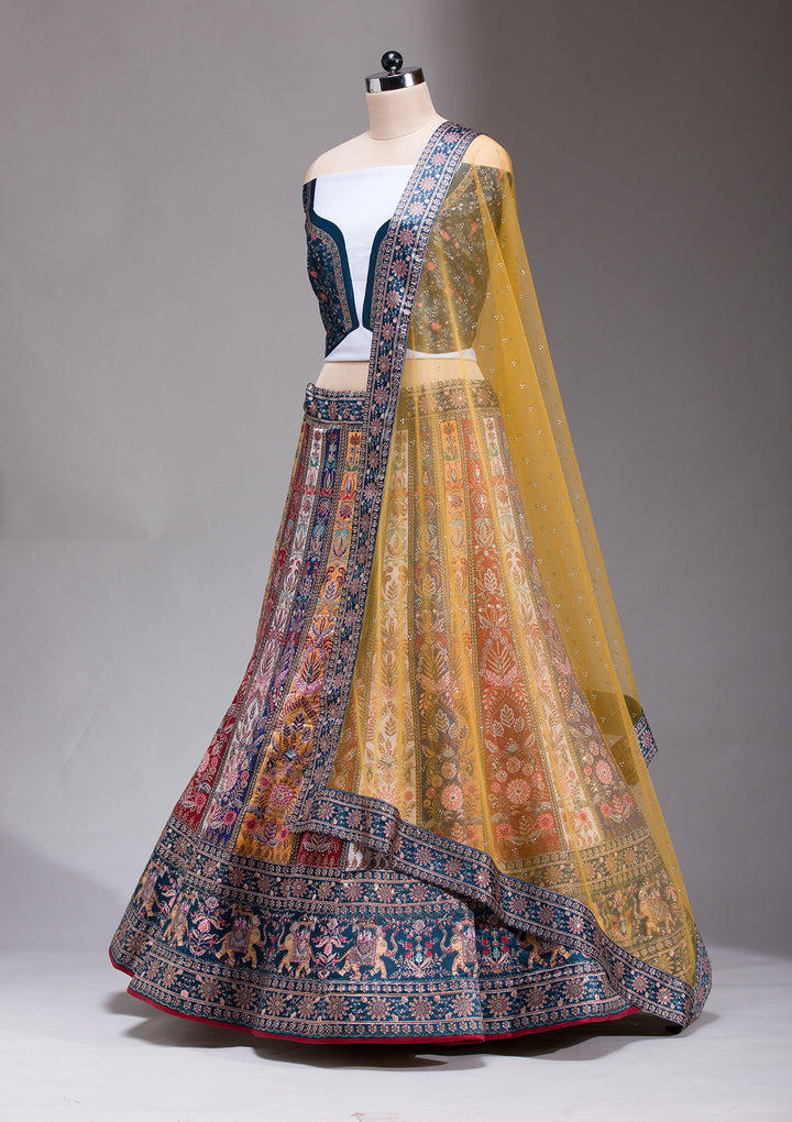 Navy Blue Swarovski Raw Silk Semi-stitched Lehenga