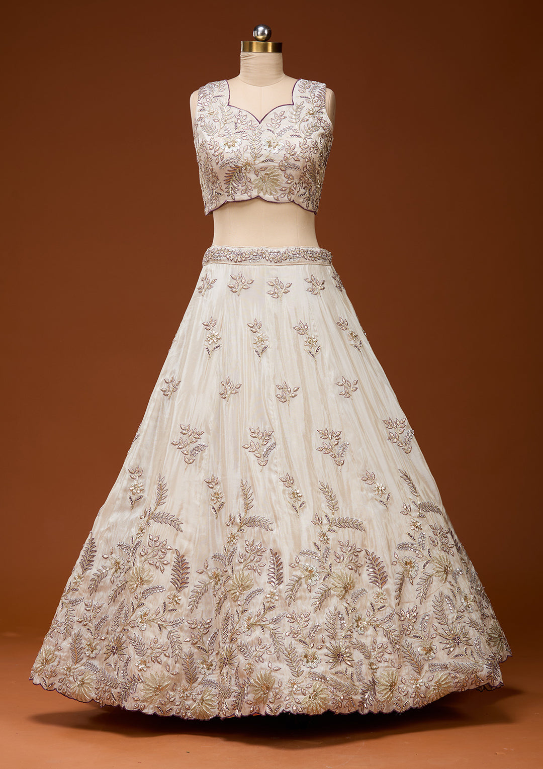 Cream Cording Semi Crepe Readymade Lehenga
