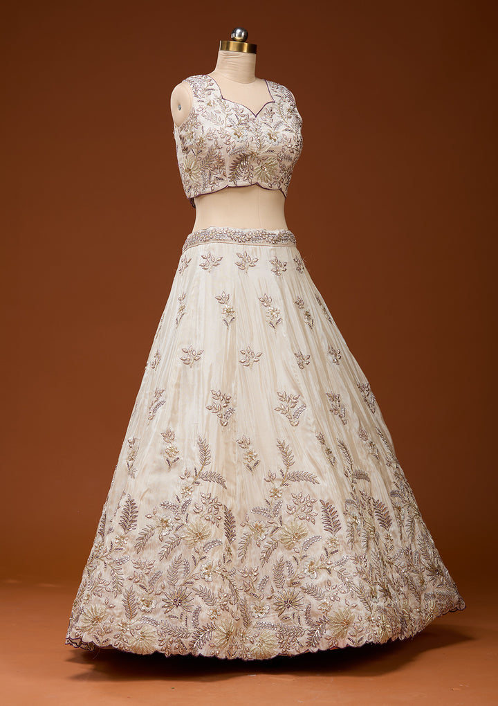 Cream Cording Semi Crepe Readymade Lehenga