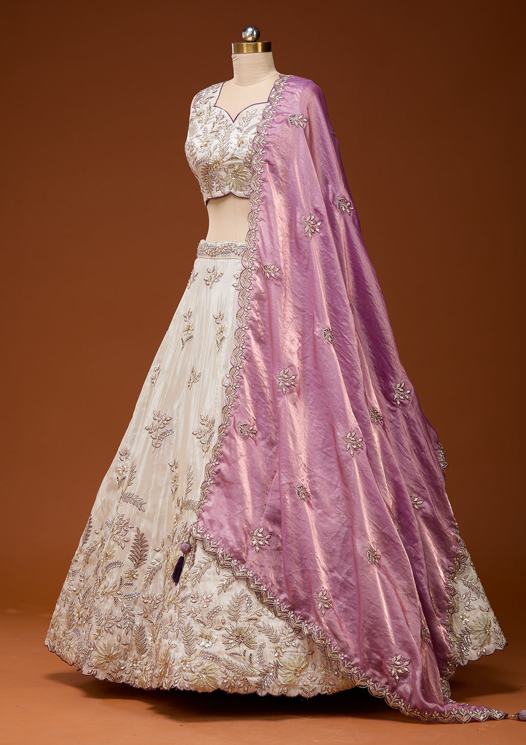 Cream Cording Semi Crepe Readymade Lehenga