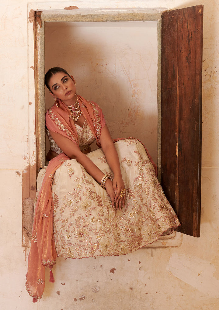 Cream Cording Semi Crepe Readymade Lehenga