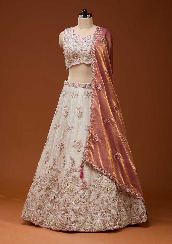 Cream Cording Semi Crepe Readymade Lehenga