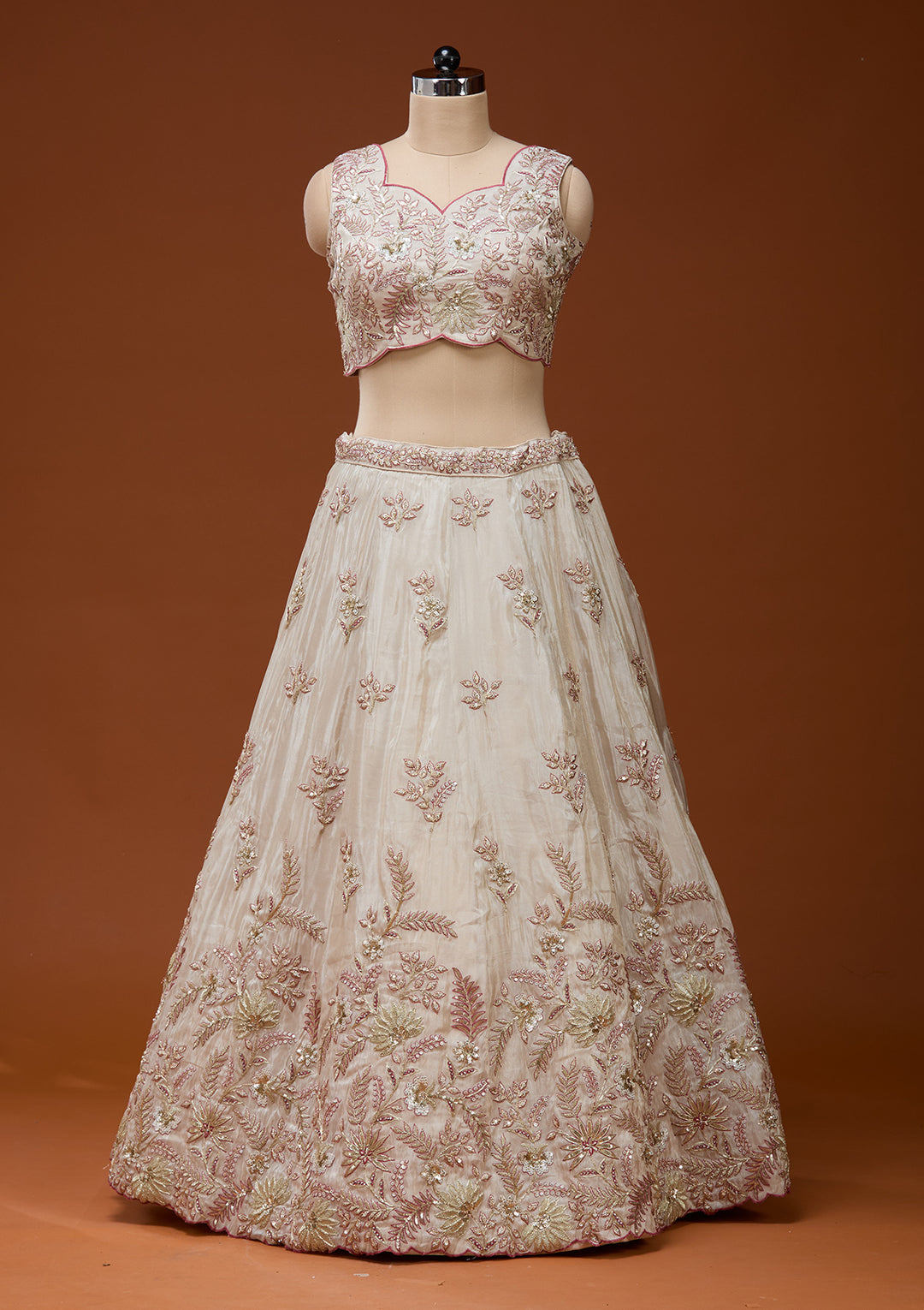 Cream Cording Semi Crepe Readymade Lehenga