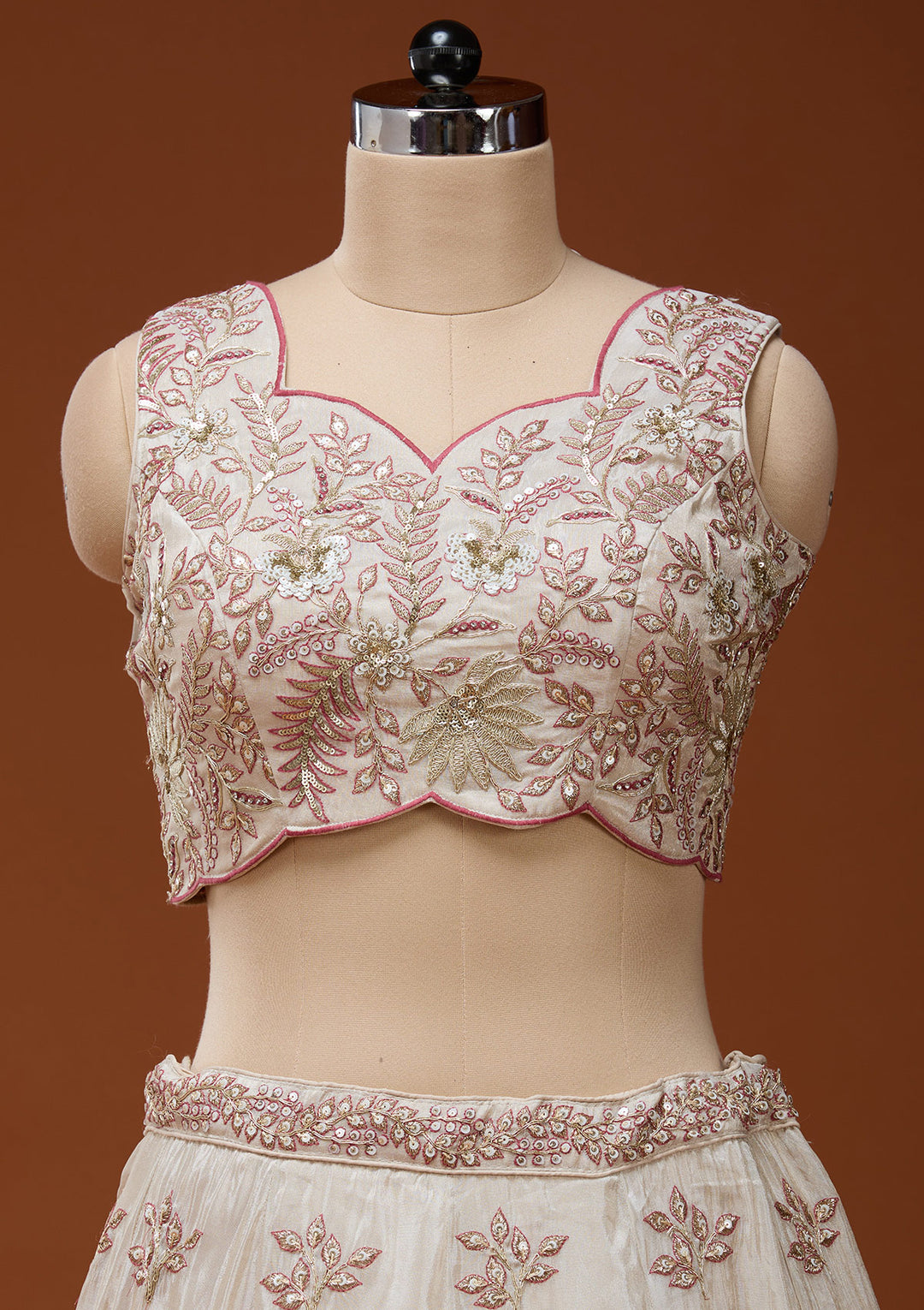 Cream Cording Semi Crepe Readymade Lehenga