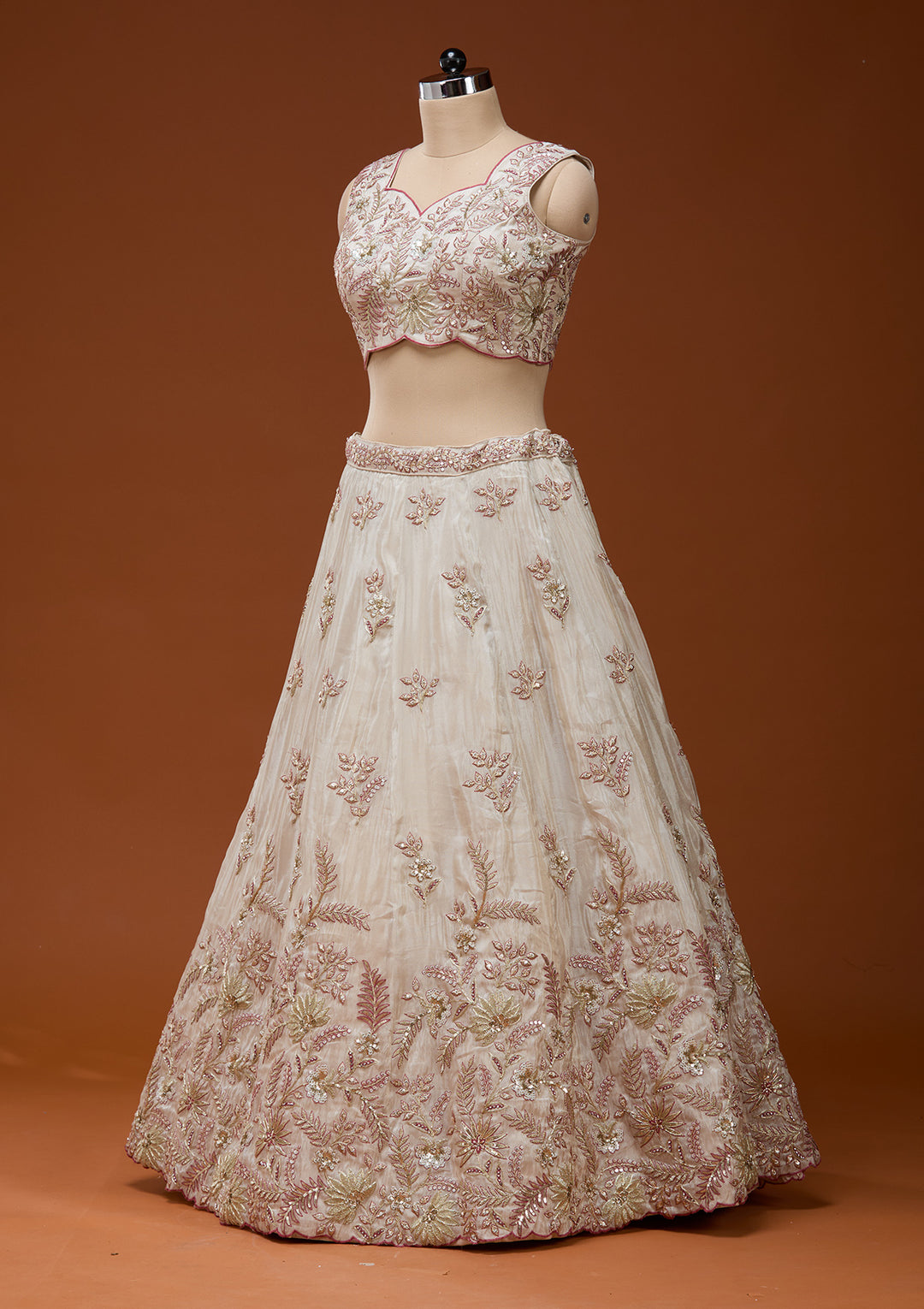 Cream Cording Semi Crepe Readymade Lehenga