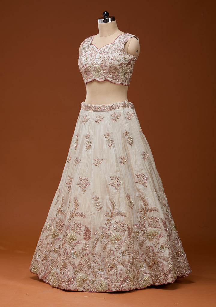 Cream Cording Semi Crepe Readymade Lehenga