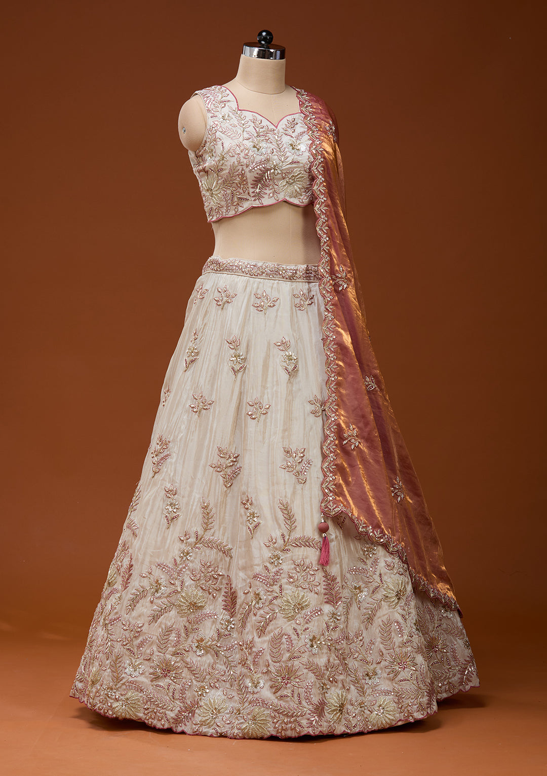 Cream Cording Semi Crepe Readymade Lehenga
