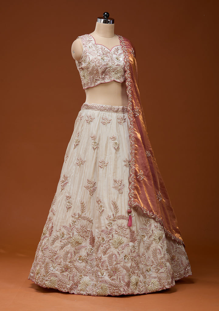 Cream Cording Semi Crepe Readymade Lehenga