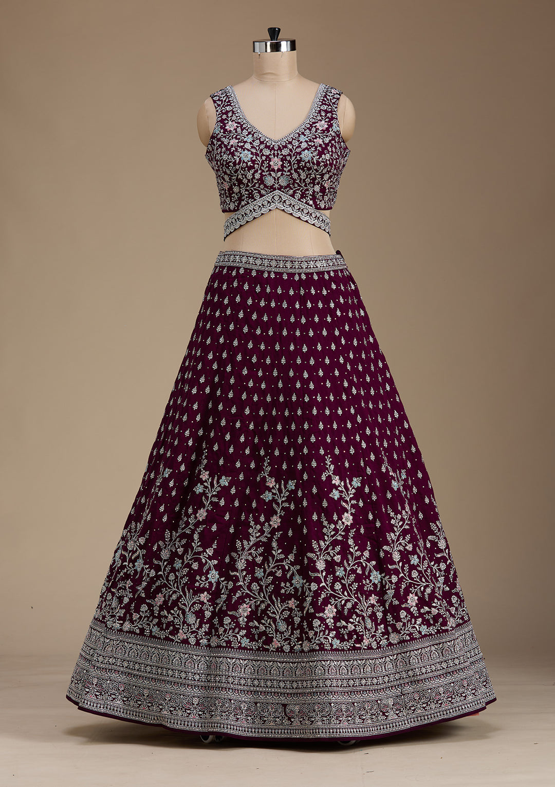 Wine Zariwork (Silver) Soft Raw Silk Readymade Lehenga