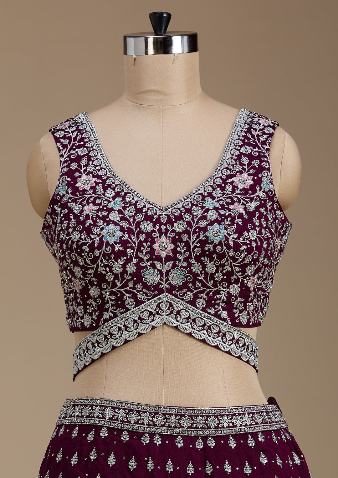 Wine Zariwork (Silver) Soft Raw Silk Readymade Lehenga