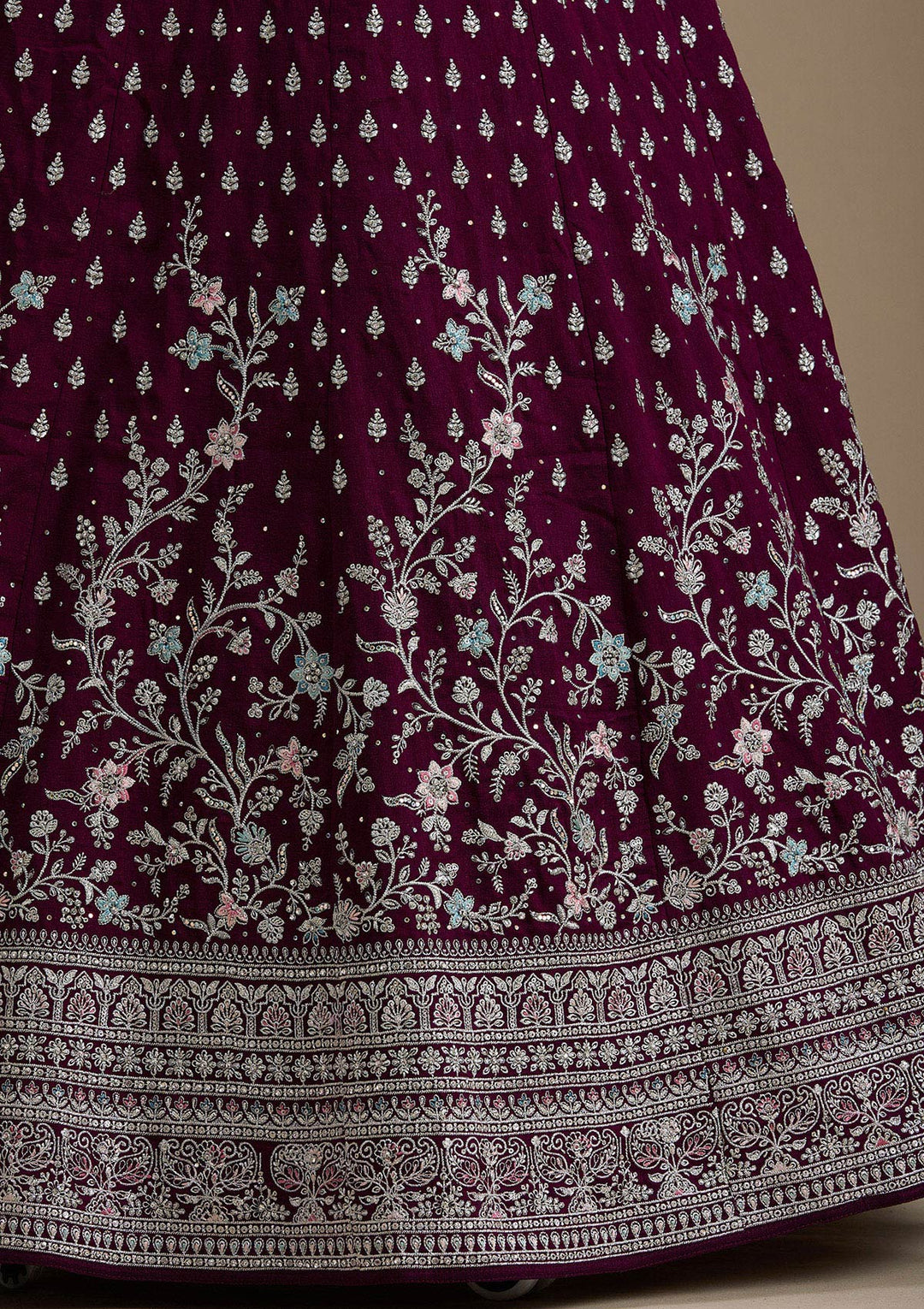 Wine Zariwork (Silver) Soft Raw Silk Readymade Lehenga