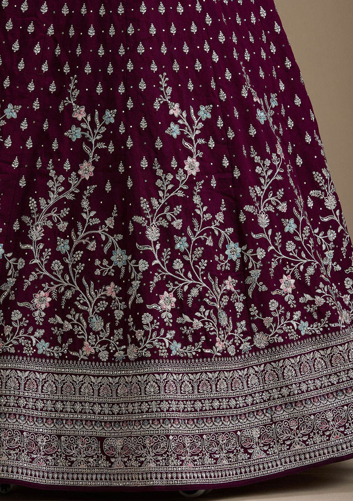 Wine Zariwork (Silver) Soft Raw Silk Readymade Lehenga