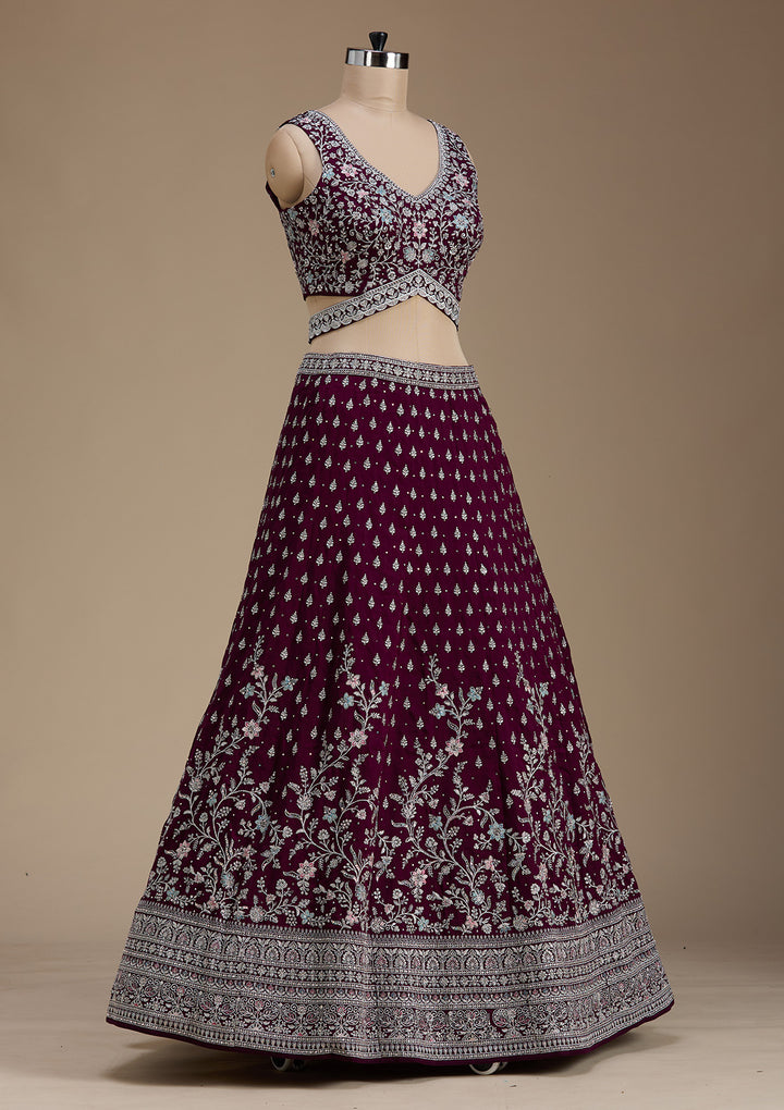Wine Zariwork (Silver) Soft Raw Silk Readymade Lehenga