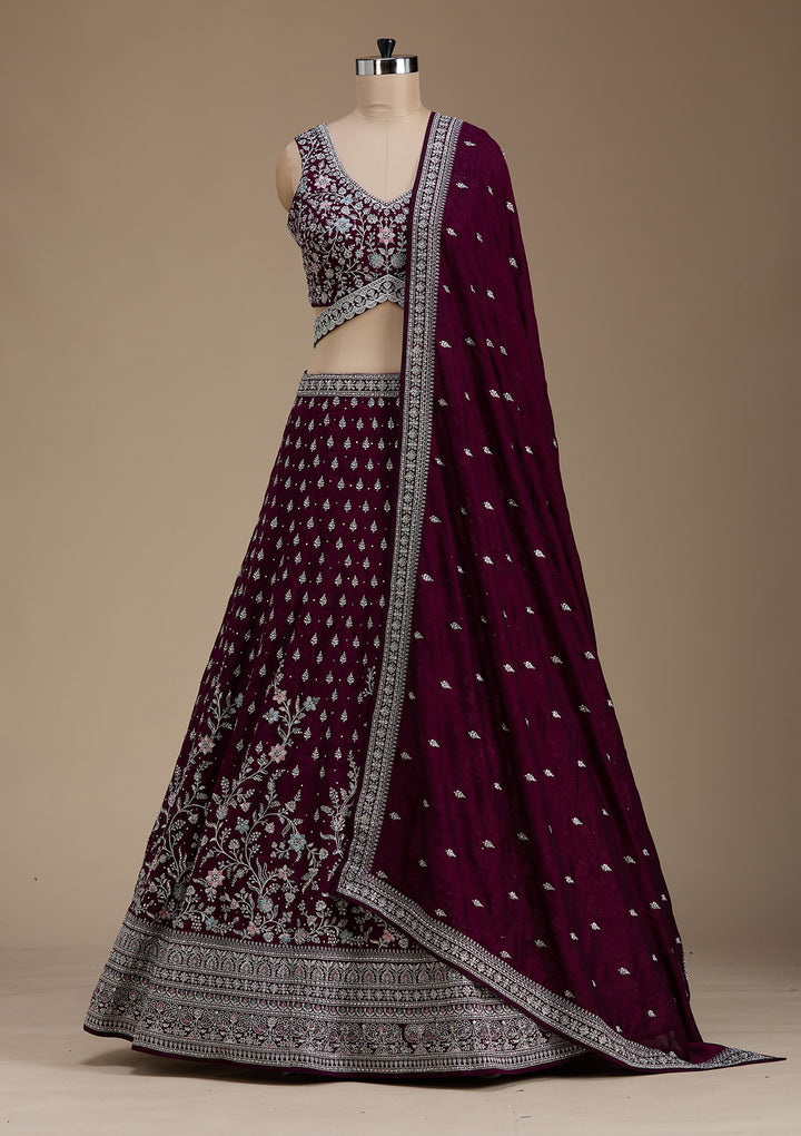 Wine Zariwork (Silver) Soft Raw Silk Readymade Lehenga