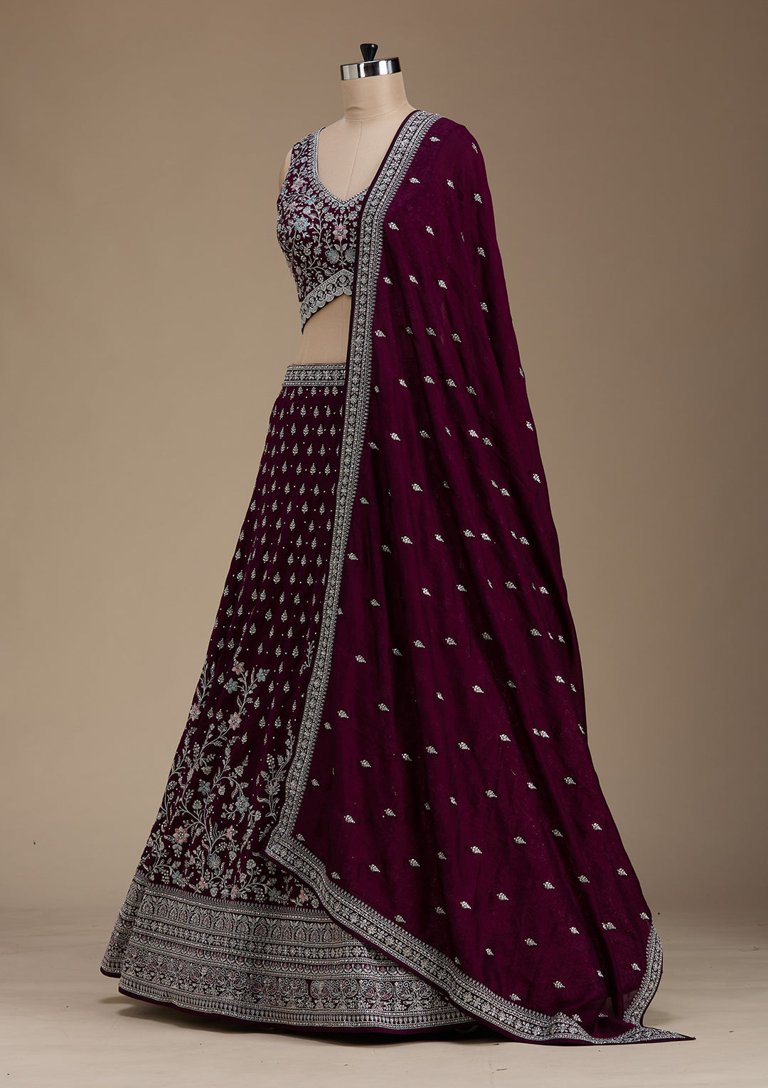 Wine Zariwork (Silver) Soft Raw Silk Readymade Lehenga