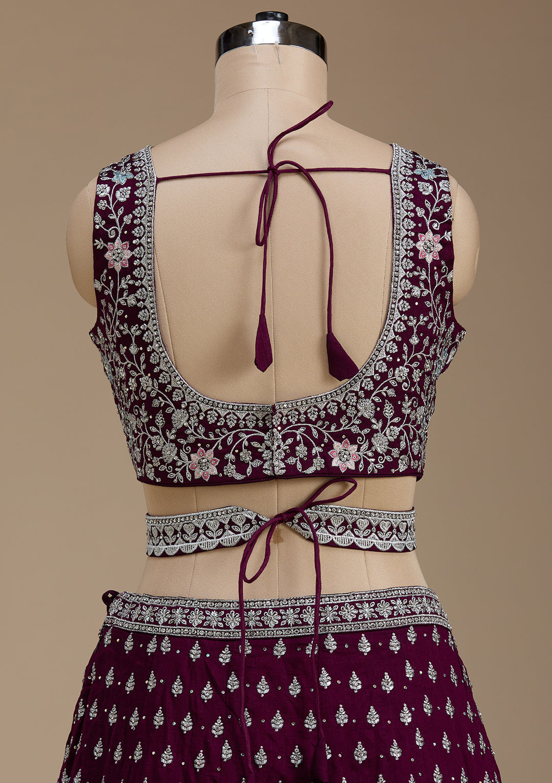 Wine Zariwork (Silver) Soft Raw Silk Readymade Lehenga