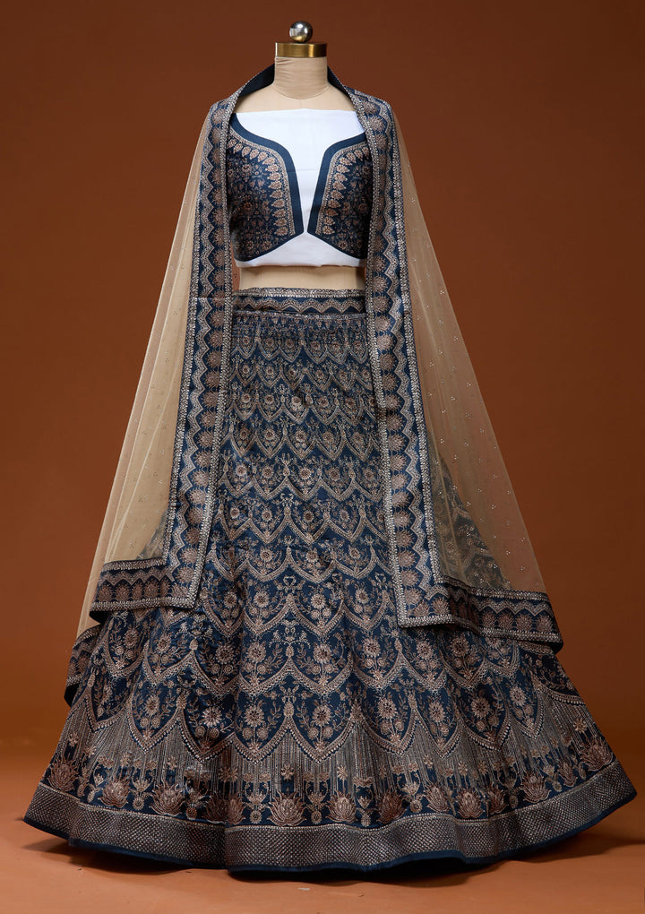 Navy Blue Stonework Satin Readymade Lehenga