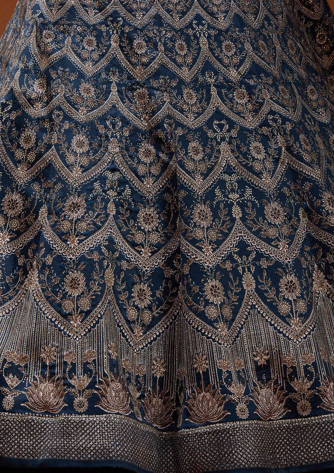 Navy Blue Stonework Satin Readymade Lehenga