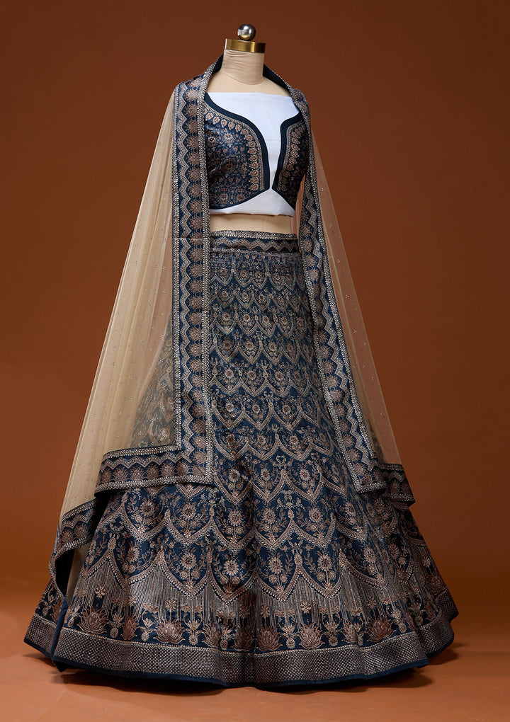Navy Blue Stonework Satin Readymade Lehenga