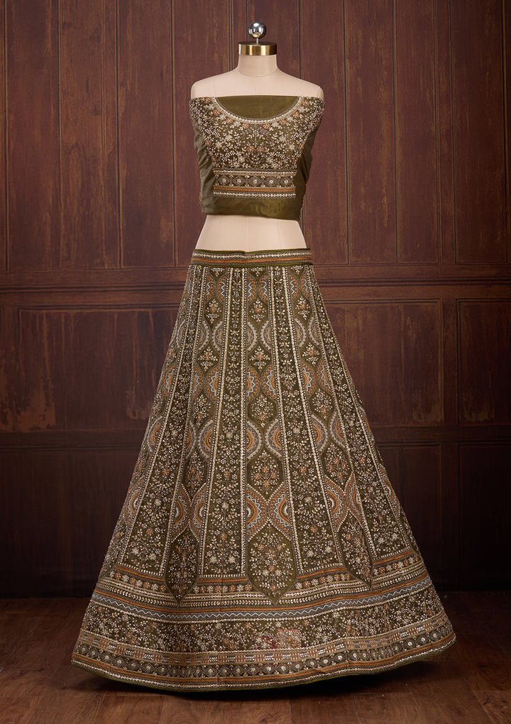 Mehendi Cording Net Semi-Stitched Lehenga