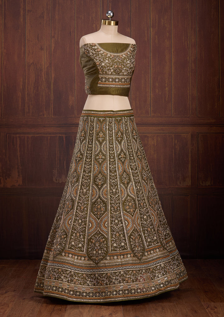 Mehendi Cording Net Semi-Stitched Lehenga