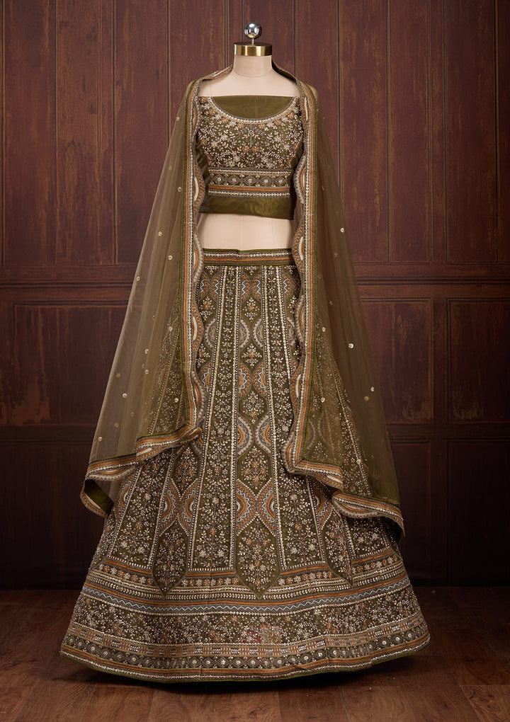 Mehendi Cording Net Semi-Stitched Lehenga