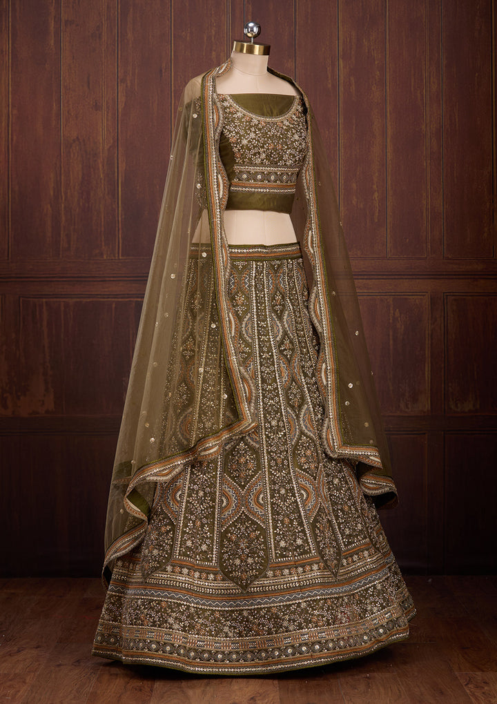 Mehendi Cording Net Semi-Stitched Lehenga