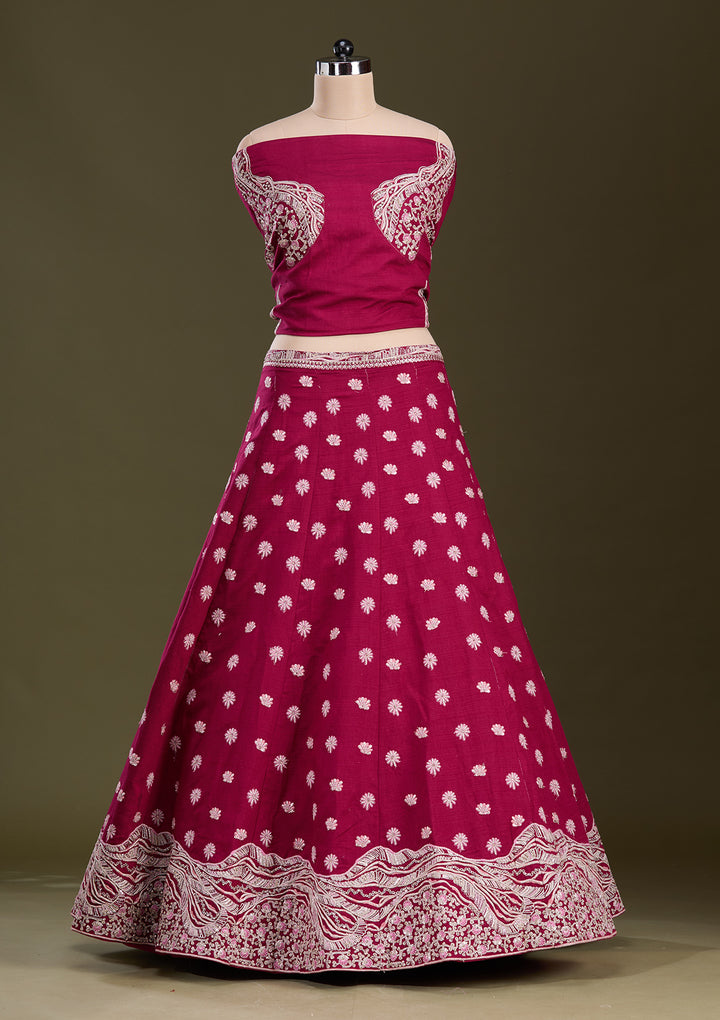 Maroon Cording Raw Silk Semi-Stitched Lehenga