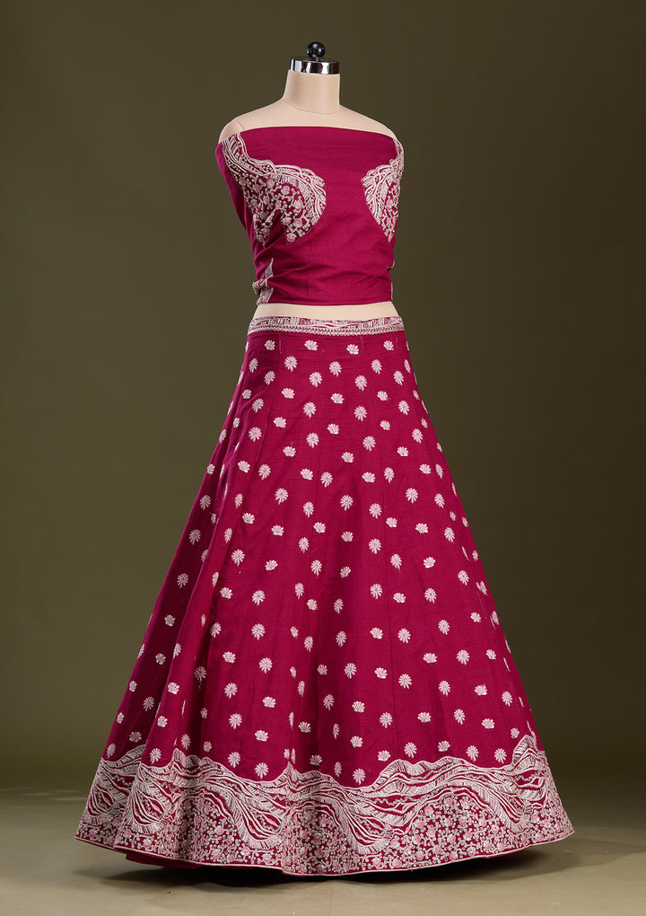Maroon Cording Raw Silk Semi-Stitched Lehenga
